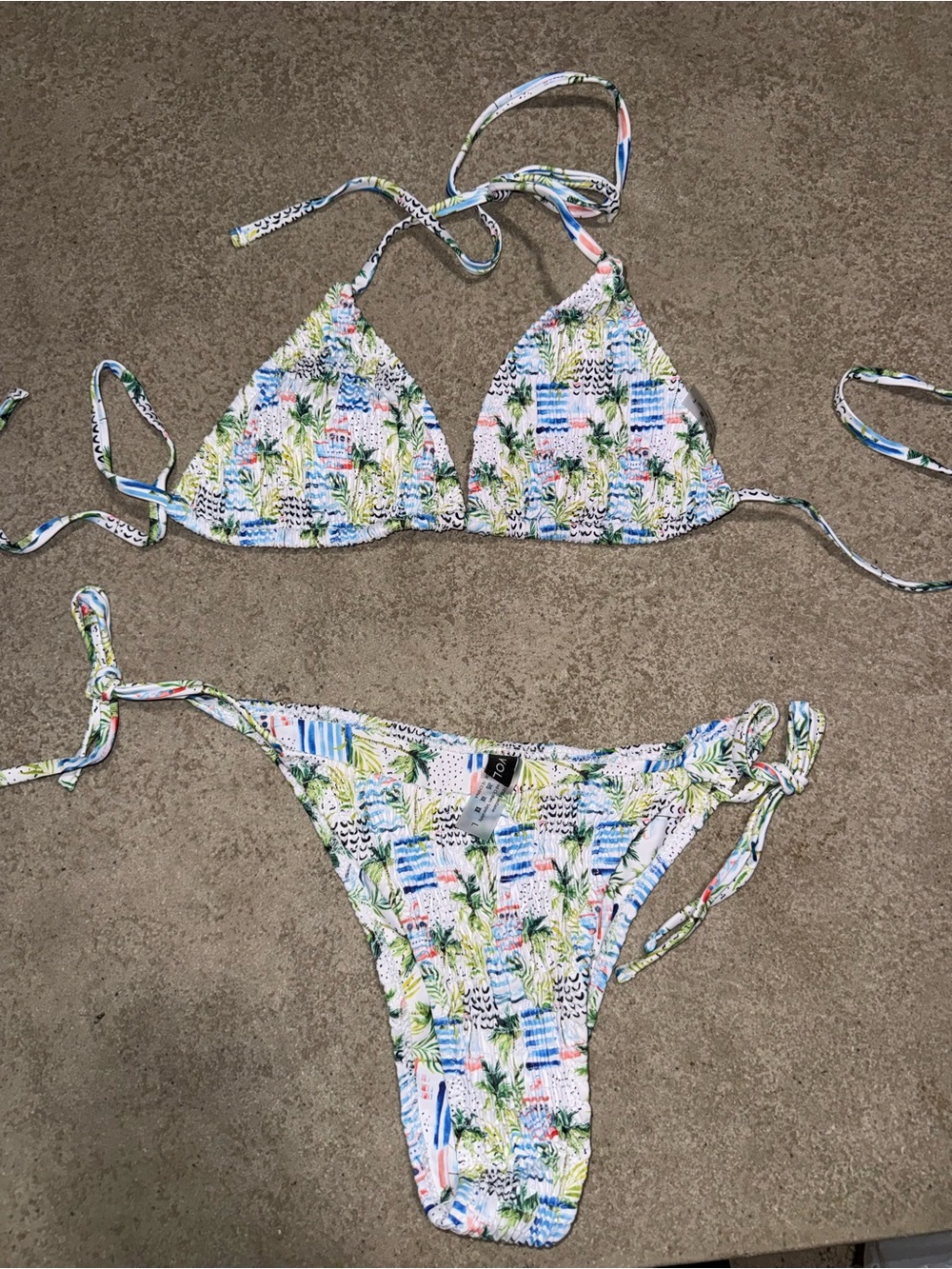 Tropical Palm Triangle String Bikini Top & Tie-Side Bottom - White Multi